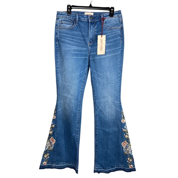 Driftwood Farrah Embroidered Flare Jeans Raw Hem‎ Floral Detail Women's 30 Boho